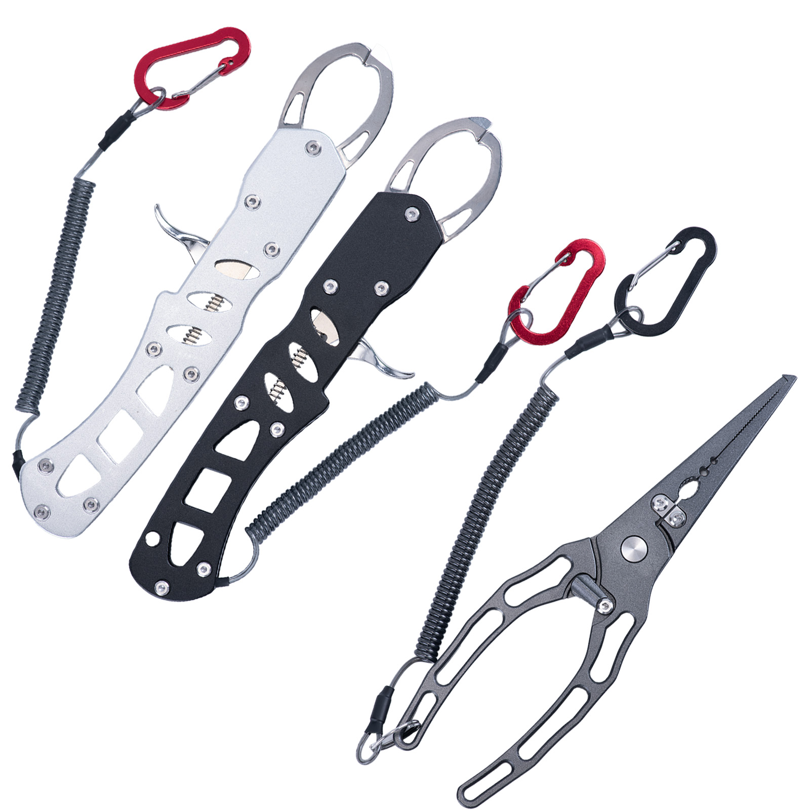 Fishing Equipment Warehouse - 釣り用プライヤーとフィッシュグリッパーのコンボキット、錆びないアルミ製フィッシュリップグリッパー（ランヤード付き）、釣り糸カッター、フックリムーバーツール